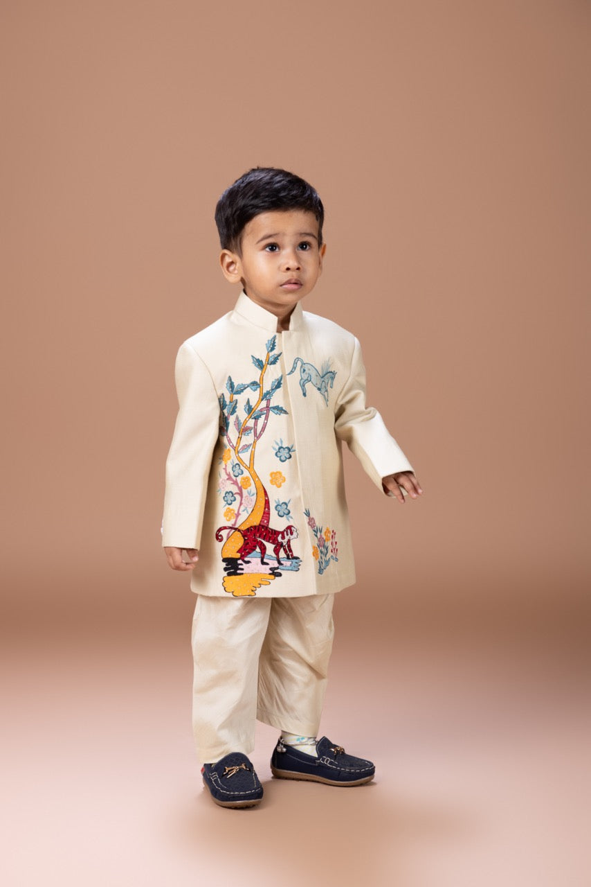 Beidge Front Open Sherwani With Hand And Thread Embroidery Monkey And Horse With Pajama Bottom Set