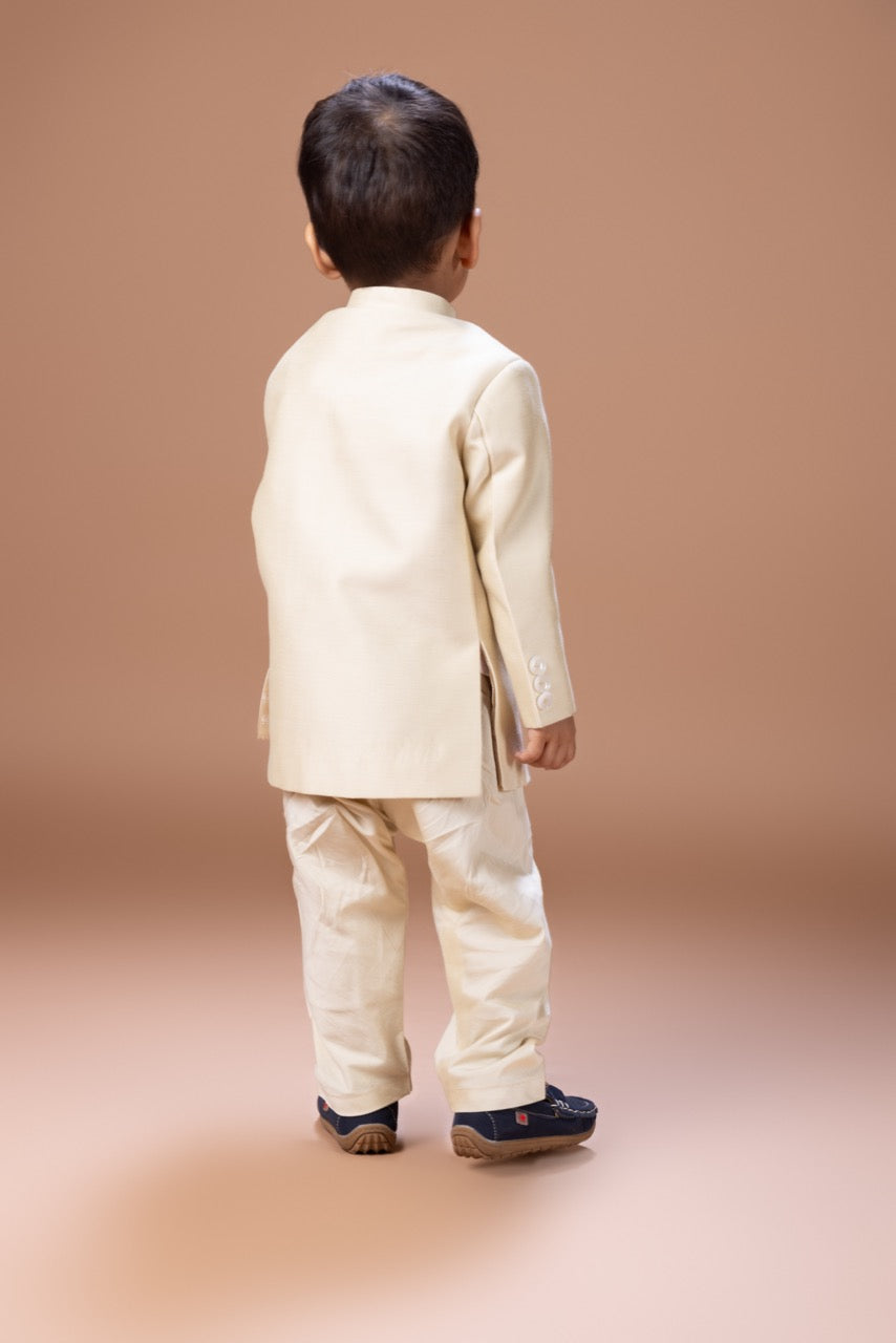 Beidge Front Open Sherwani With Hand And Thread Embroidery Monkey And Horse With Pajama Bottom Set