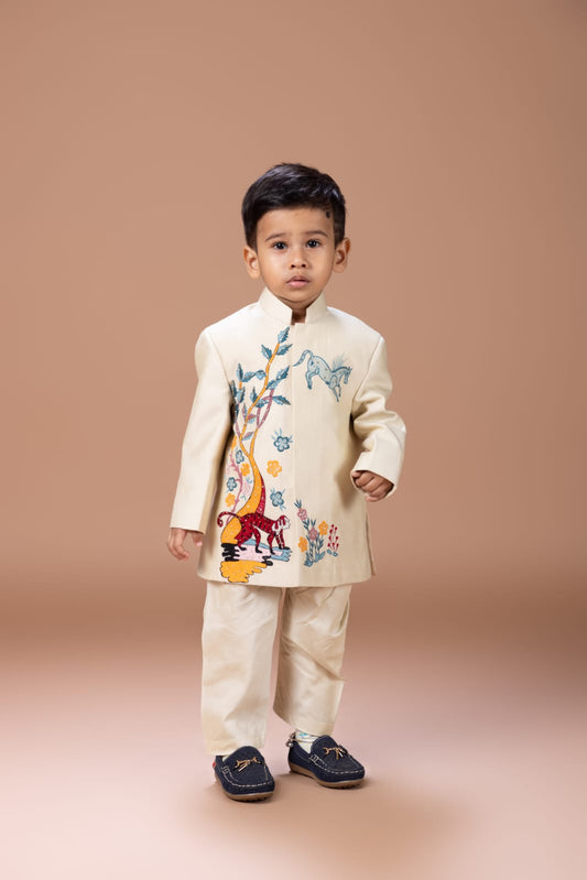 Beidge Front Open Sherwani With Hand And Thread Embroidery Monkey And Horse With Pajama Bottom Set