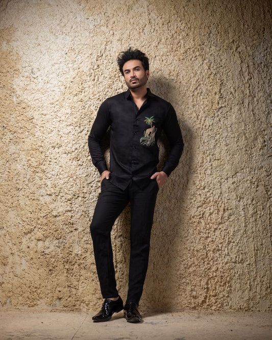 Black Cheetah Hand Embroidered Full Mens Shirt