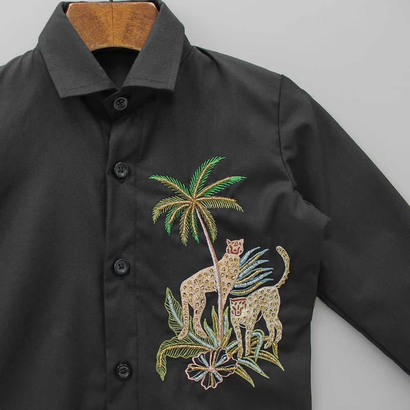 Black Cheetah Hand Embrodered Full Shirt