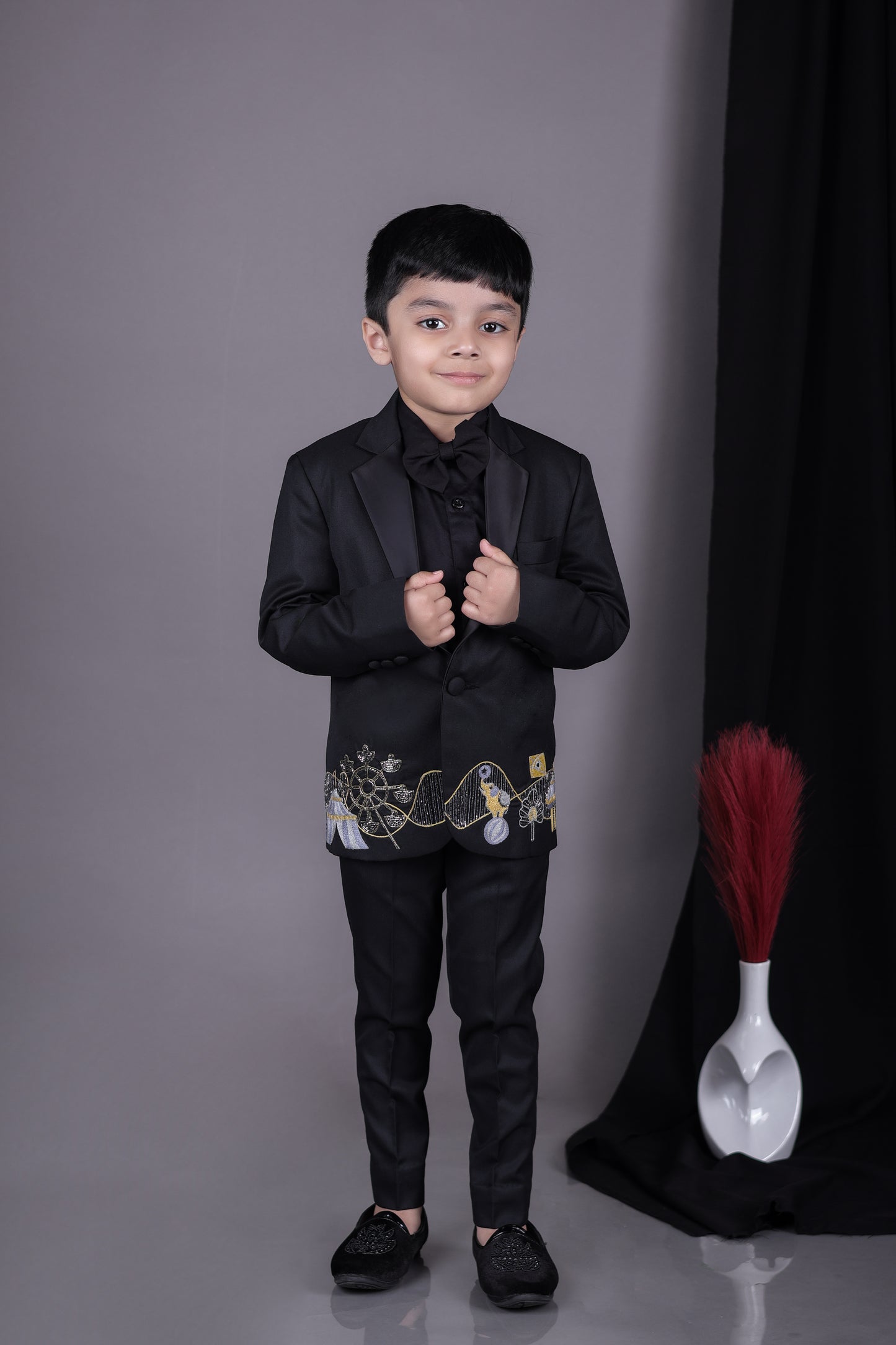 Black Tuxedo With Carnival Hand Embroidery/shirt Pant With Bow Tie Set