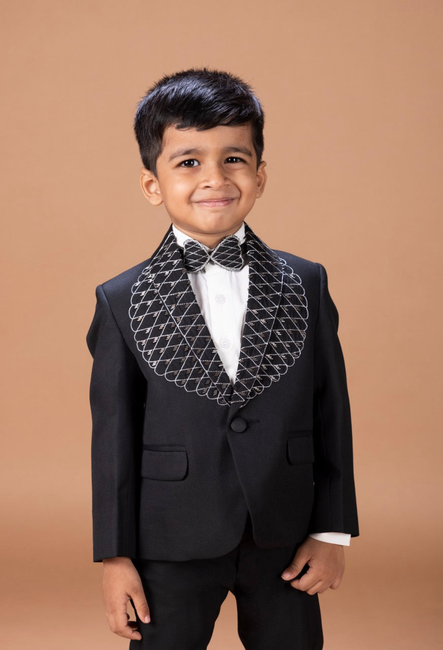 Black Tuxedo With Hand Embroidery On Laple And Front With Shirt Pant With Bow Tie Set