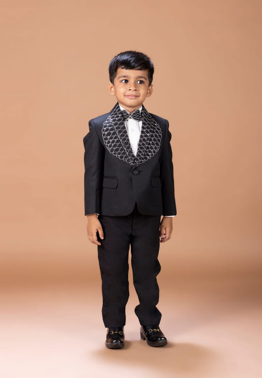 Black Tuxedo With Hand Embroidery On Laple And Front With Shirt Pant With Bow Tie Set