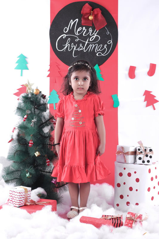 Red Christmas Tree Embroiderey Dress