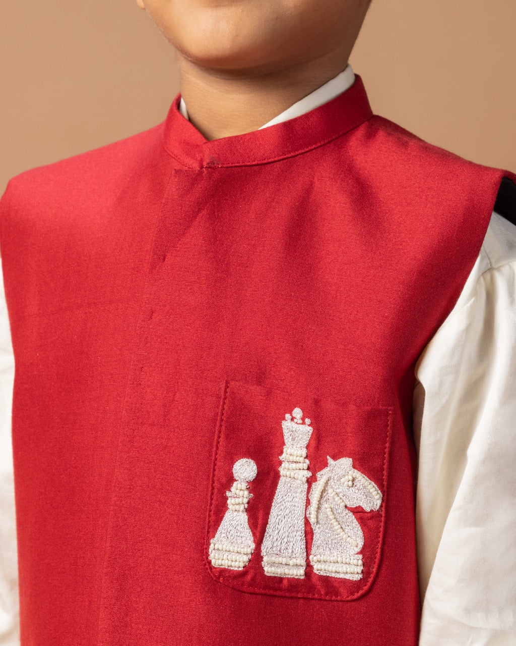 Cream Shirt With Chess Embroidery Bundi Jacket With Pant Set