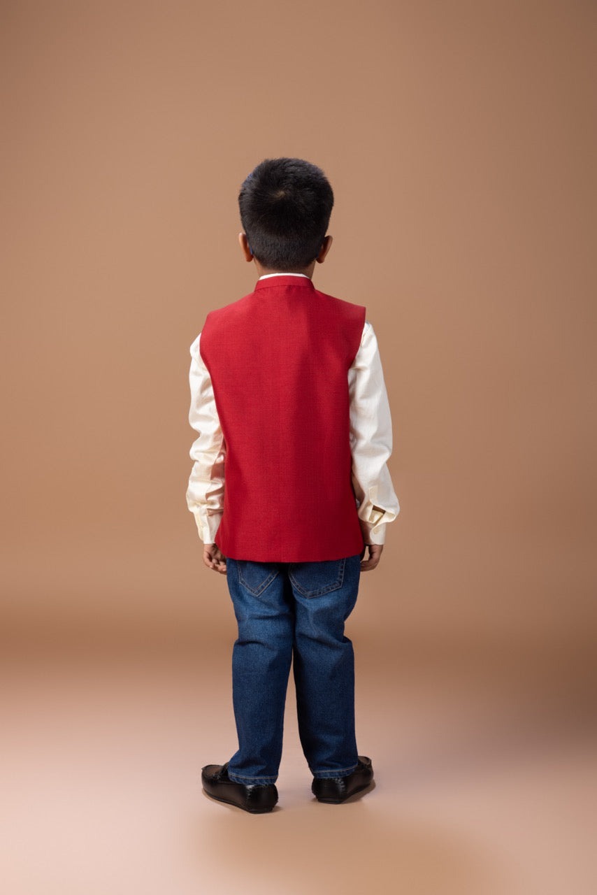 Cream Shirt With Chess Embroidery Bundi Jacket With Pant Set