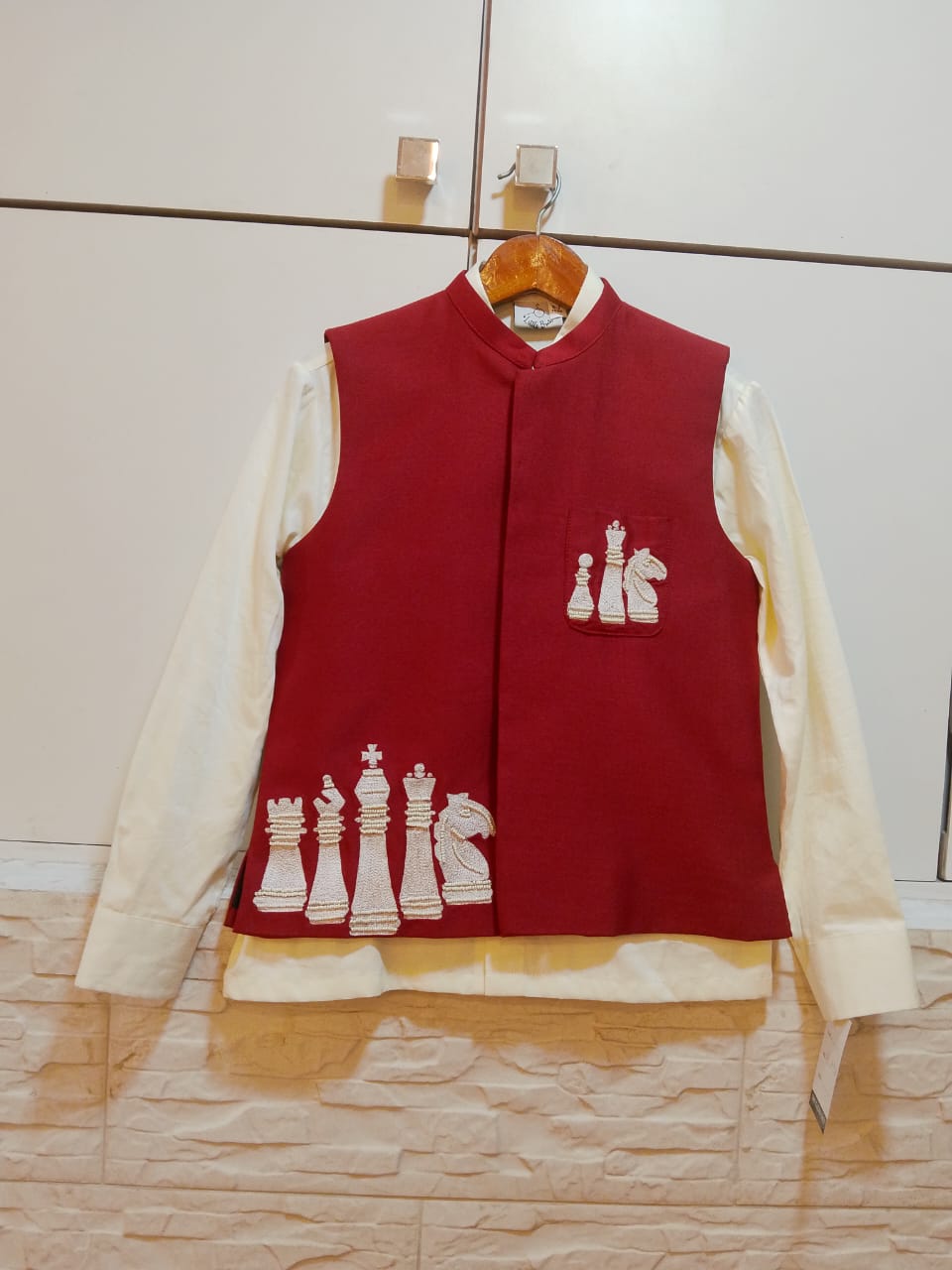 Cream Shirt With Chess Embroidery Bundi Jacket With Pant Set
