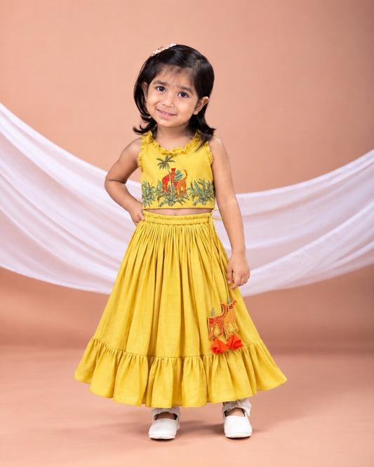 Cheetah Hand Embroidered Yellow Ghagara Set