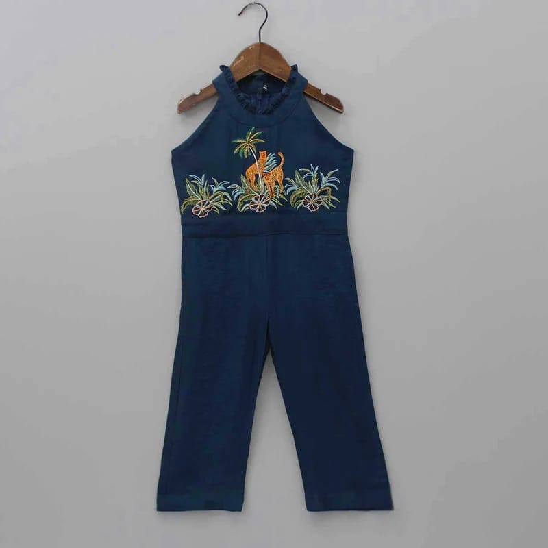 Cheetah Hand Embroidered Jump Suit Blue