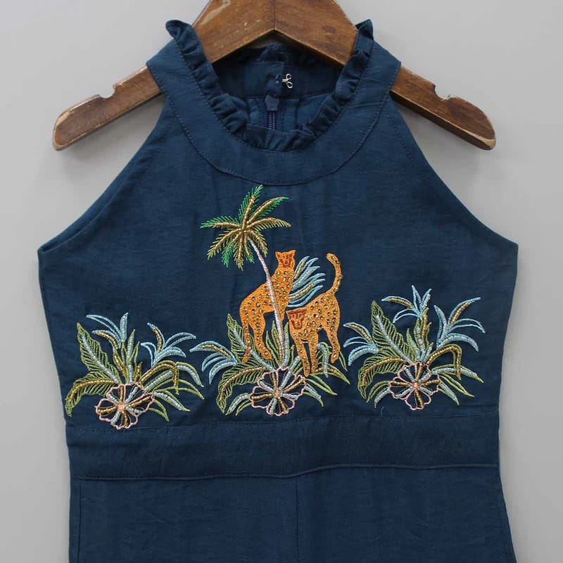 Cheetah Hand Embroidered Jump Suit Blue