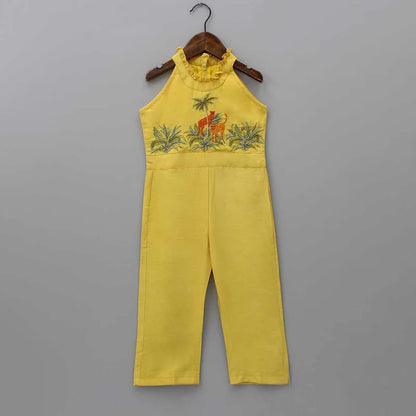 Cheetah Hand Embroidered Jump Suit Yellow