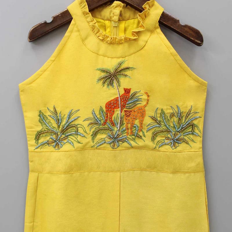 Cheetah Hand Embroidered Jump Suit Yellow