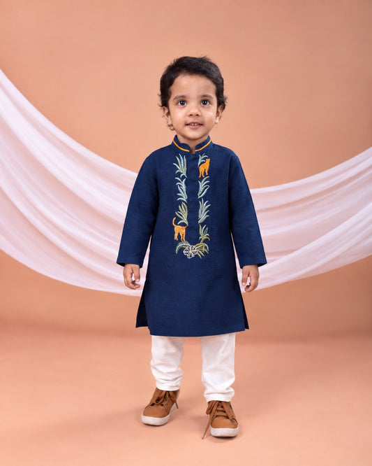 Cheetah Hand Embroidered Kurta Blue Set