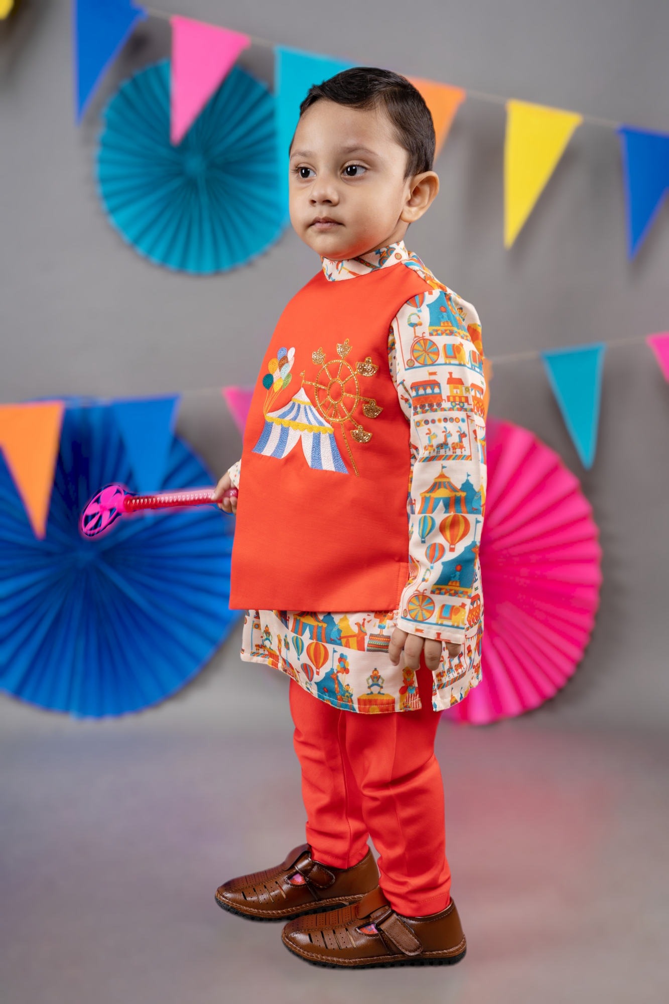 Carnival Circus Printed Kurta With Attached Embroidered Red Flap Jacket With Pajama Set