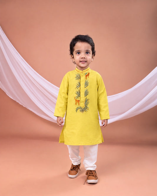 Cheetah Hand Embroidered Kurta Yellow Set