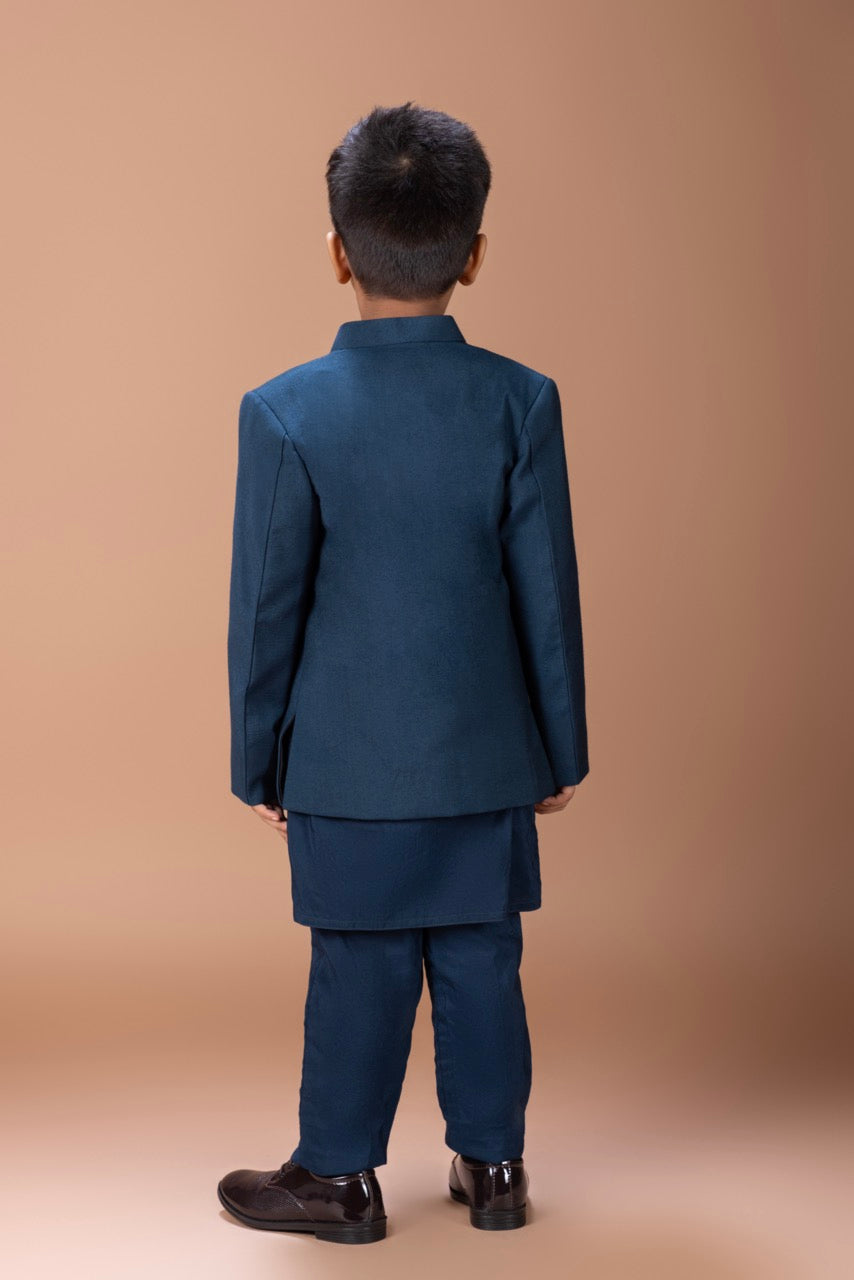 Dark Blue Kurta With Monkey Hand And Thread Embroidery Front Open Indo Western Jacket With Pajama Set