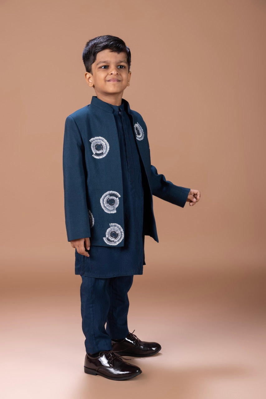 Dark Blue Kurta With Monkey Hand And Thread Embroidery Front Open Indo Western Jacket With Pajama Set