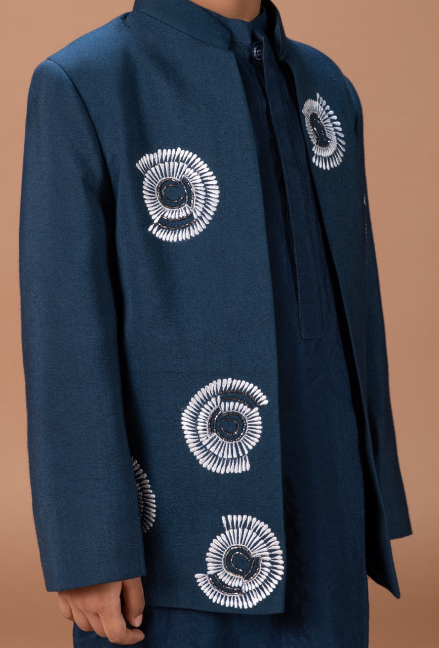 Dark Blue Kurta With Monkey Hand And Thread Embroidery Front Open Indo Western Jacket With Pajama Set