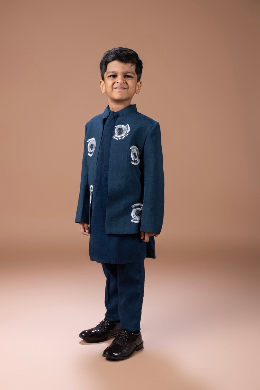 Dark Blue Kurta With Monkey Hand And Thread Embroidery Front Open Indo Western Jacket With Pajama Set