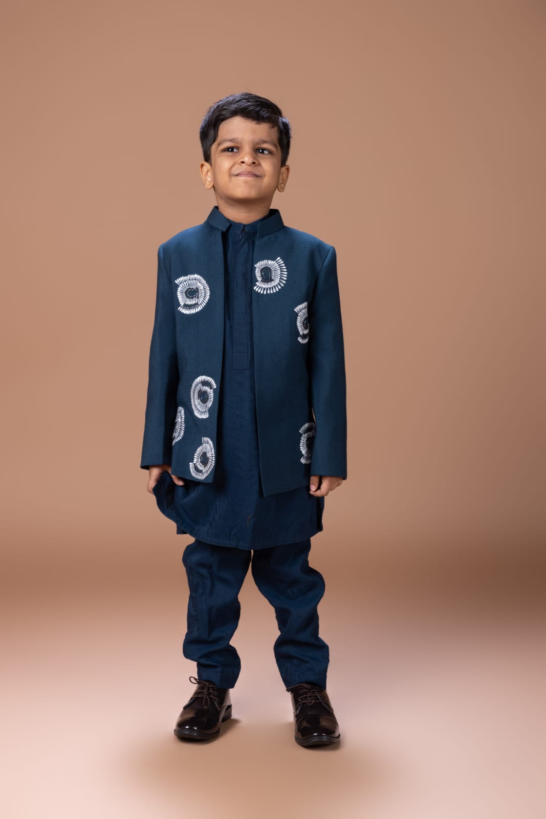 Dark Blue Kurta With Monkey Hand And Thread Embroidery Front Open Indo Western Jacket With Pajama Set