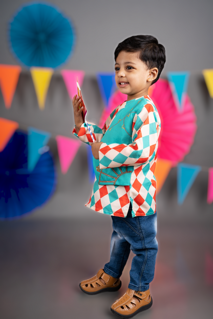 Carnival Diamonds Printed Full Stylish Shirt With Green Attached Jacket With Hand Embroidred