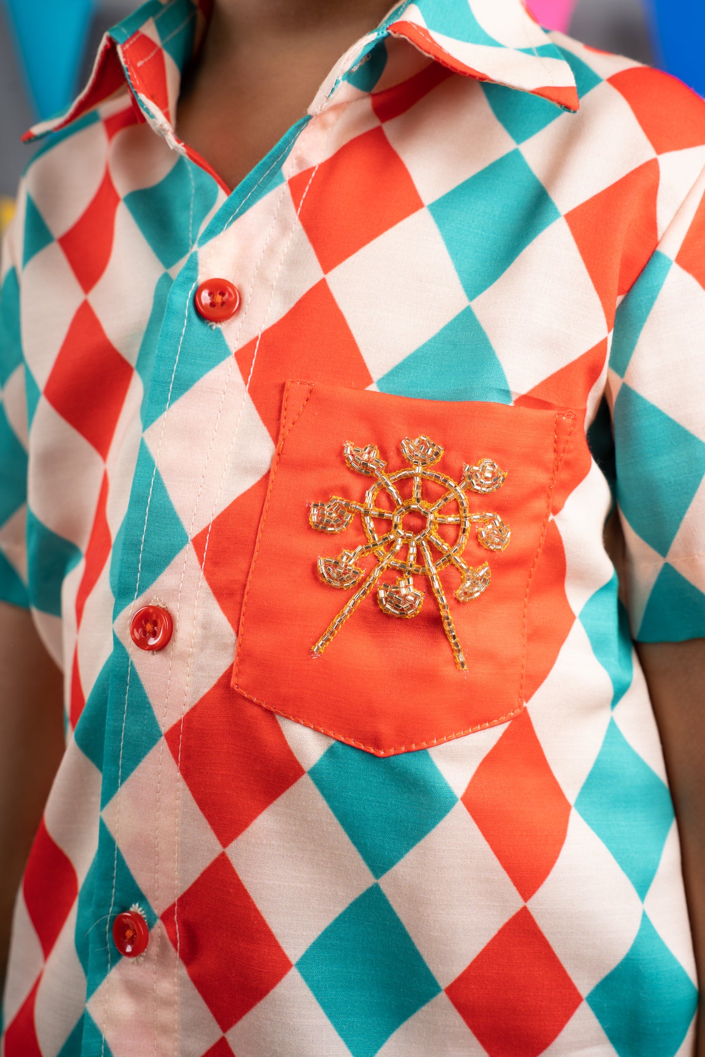 Carnival Diamonds Printed Red Patch Hand Embroidered Half Shirt