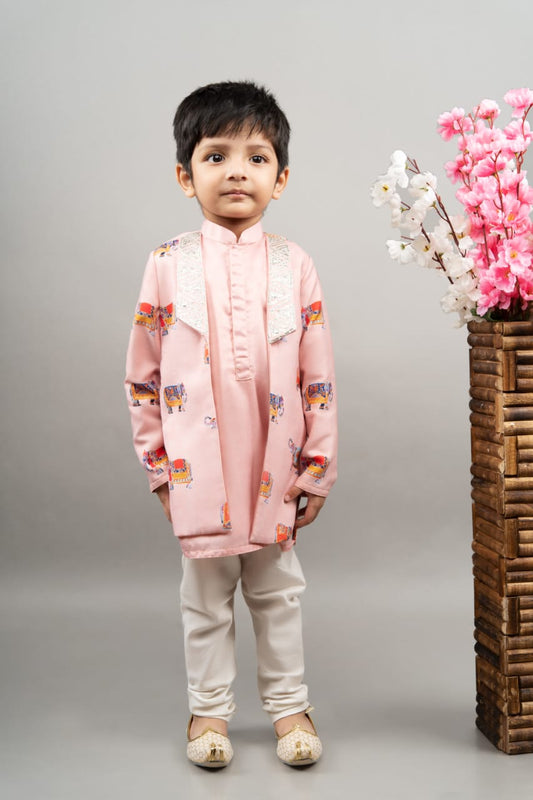 Powder Pink Indo Western Elephant Print Attached Jacket With Churidar Set
