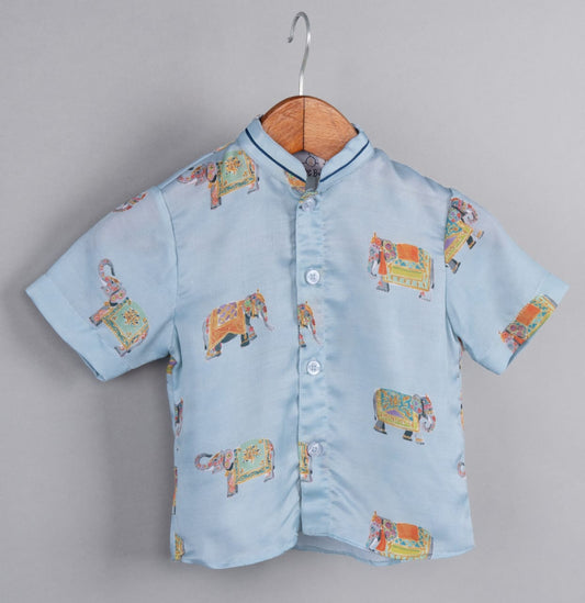 Powder Blue Elephant Printed Half Shirt