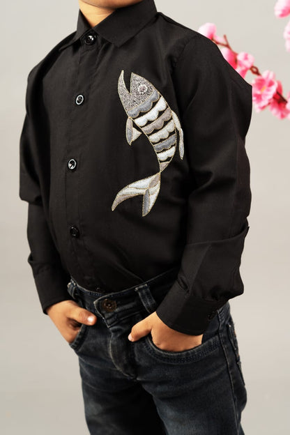 Black Full Shirt With Hand Fish Embrodery