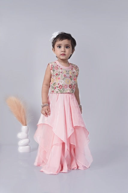 Powder Pink Floral Hand Embroidered Blouse With Asymmetrical Ghagara Set