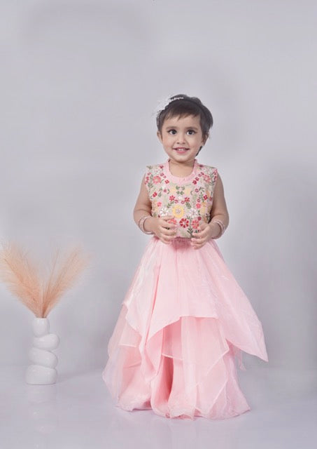 Powder Pink Floral Hand Embroidered Blouse With Asymmetrical Ghagara Set