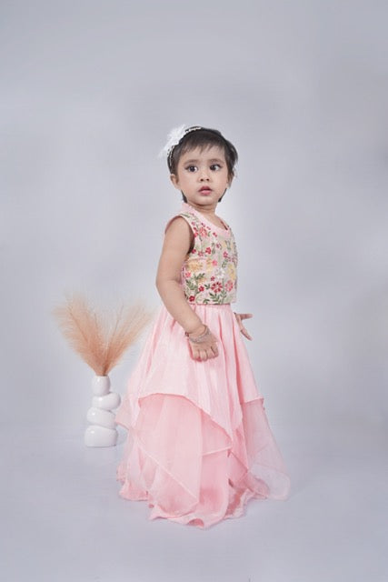 Powder Pink Floral Hand Embroidered Blouse With Asymmetrical Ghagara Set