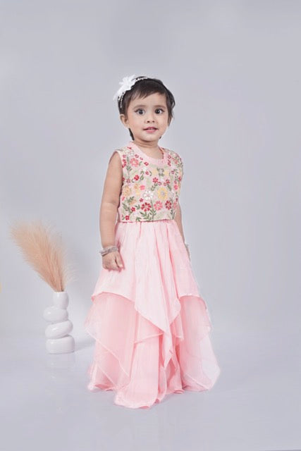 Powder Pink Floral Hand Embroidered Blouse With Asymmetrical Ghagara Set