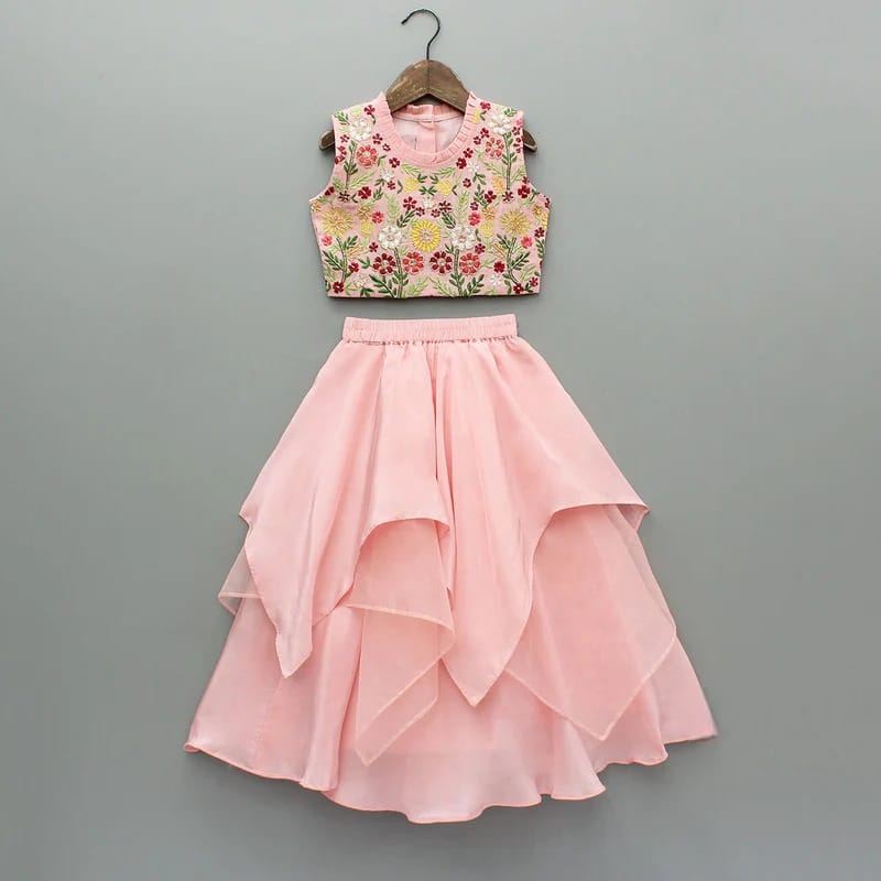 Powder Pink Floral Hand Embroidered Blouse With Asymmetrical Ghagara Set
