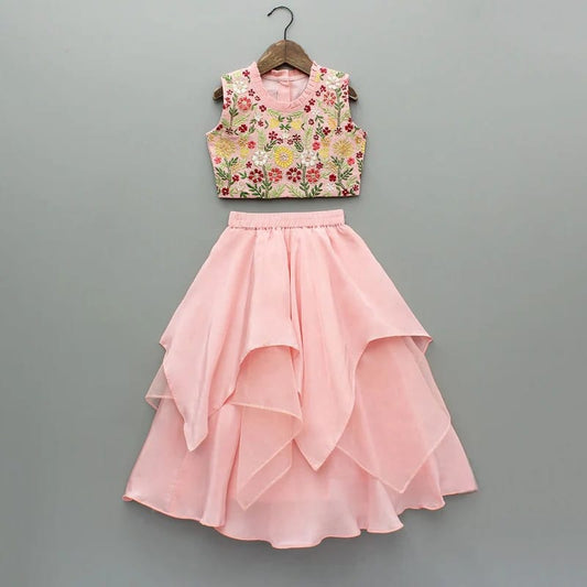 Powder Pink Floral Hand Embroidered Blouse With Asymmetrical Ghagara Set
