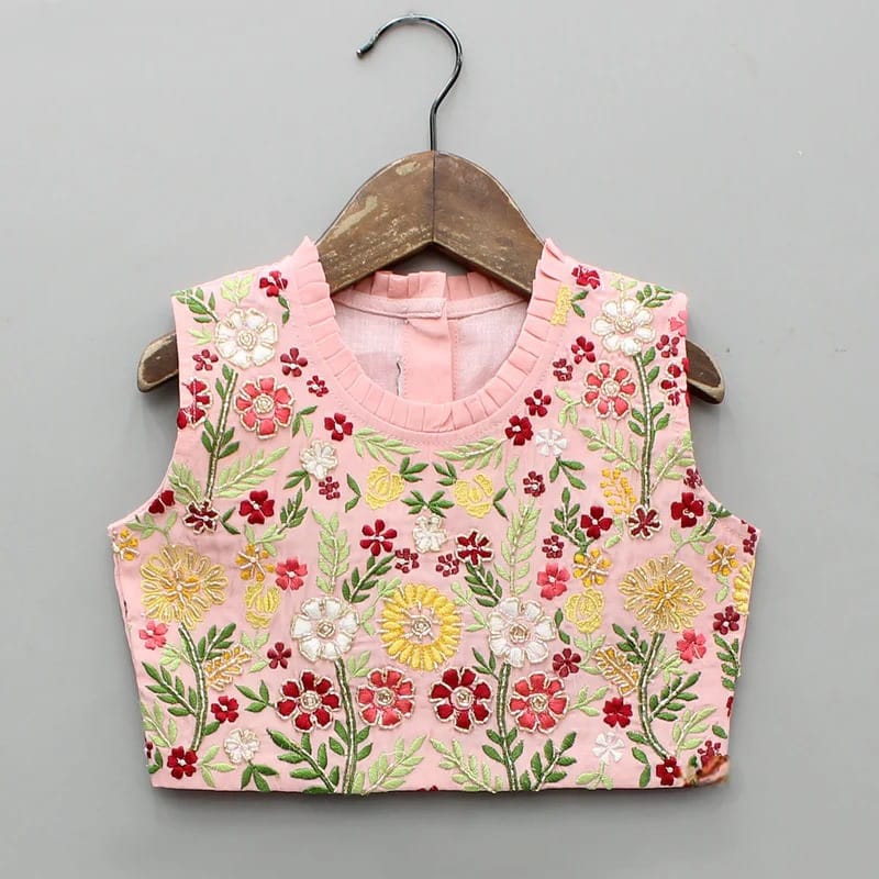 Powder Pink Floral Hand Embroidered Blouse With Asymmetrical Ghagara Set