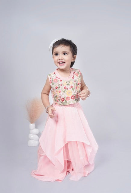Powder Pink Floral Hand Embroidered Blouse With Asymmetrical Ghagara Set