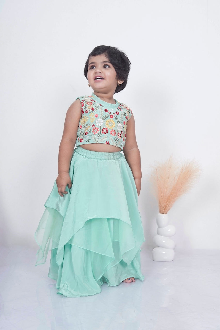 Mint Green Floral Hand Embroidered Blouse With Asymmetrical Ghagara Set