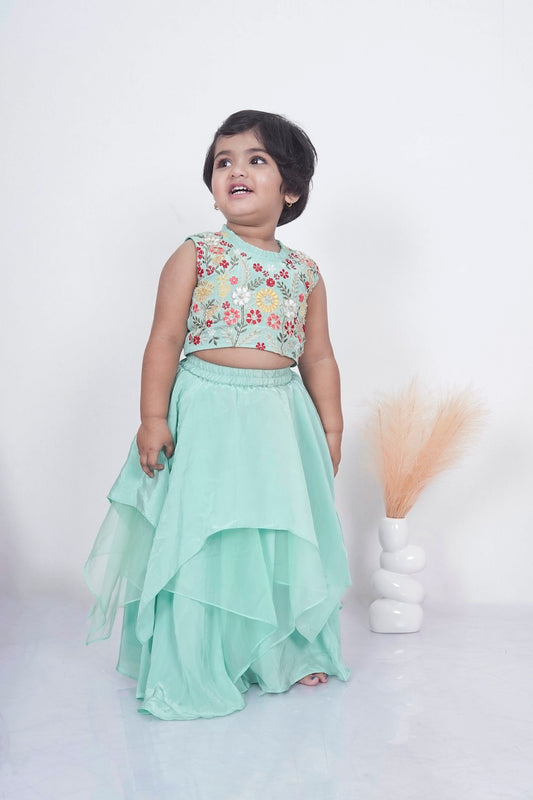Mint Green Floral Hand Embroidered Blouse With Asymmetrical Ghagara Set
