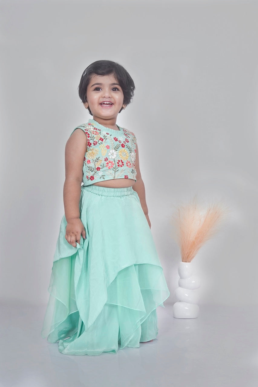Mint Green Floral Hand Embroidered Blouse With Asymmetrical Ghagara Set