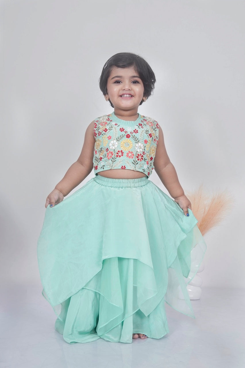 Mint Green Floral Hand Embroidered Blouse With Asymmetrical Ghagara Set