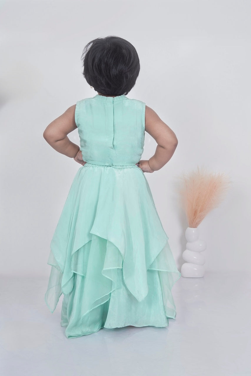Mint Green Floral Hand Embroidered Blouse With Asymmetrical Ghagara Set