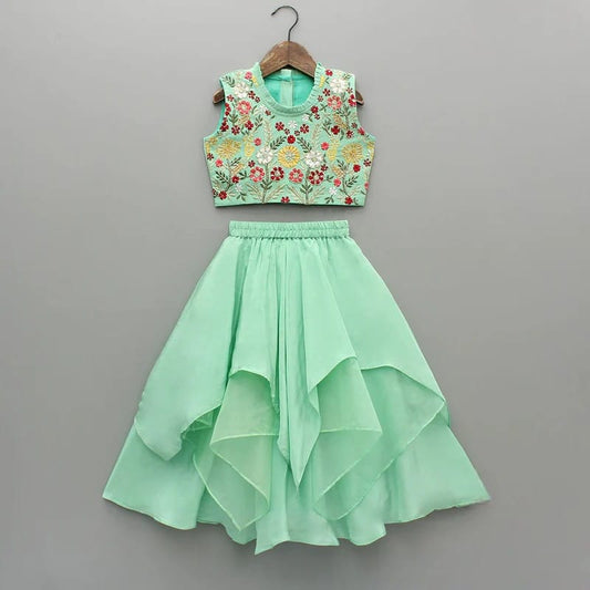 Mint Green Floral Hand Embroidered Blouse With Asymmetrical Ghagara Set