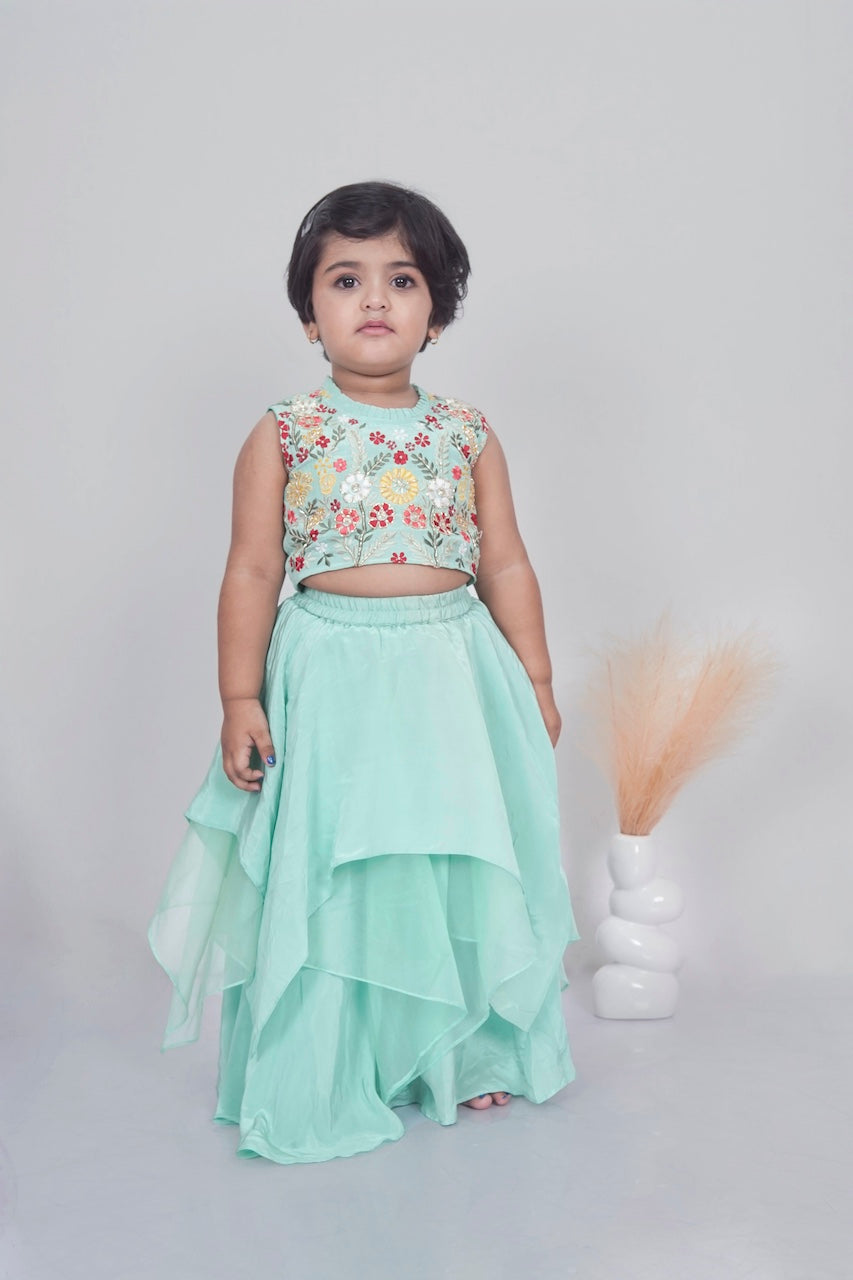 Mint Green Floral Hand Embroidered Blouse With Asymmetrical Ghagara Set