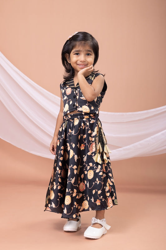 Black Flower Printed Blouse With Black Flower Printed Ghagara Set