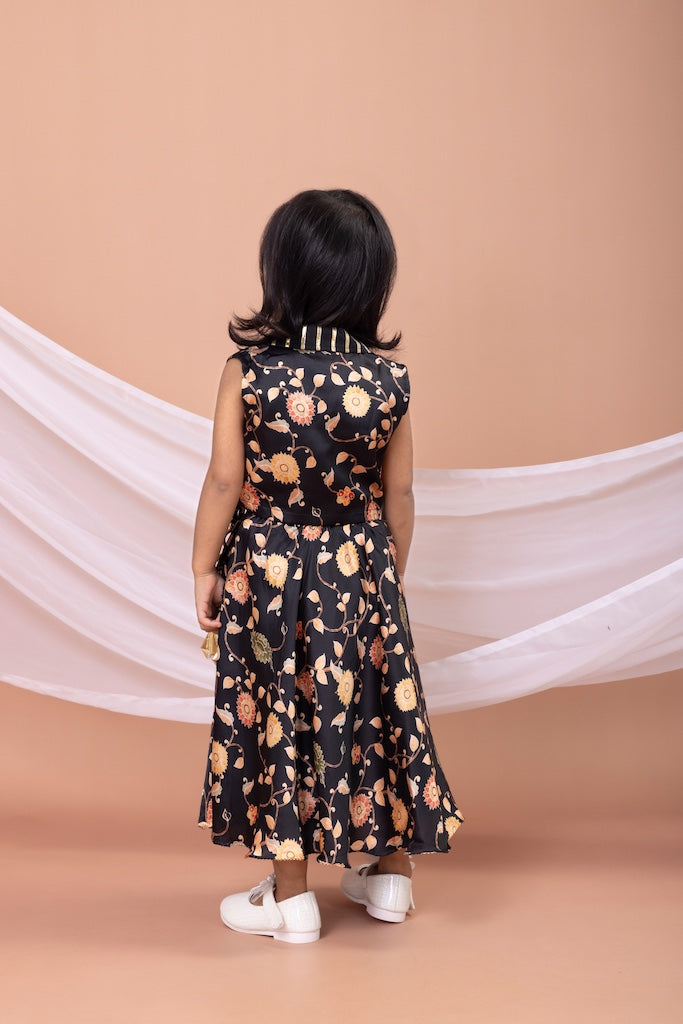 Black Flower Printed Blouse With Black Flower Printed Ghagara Set