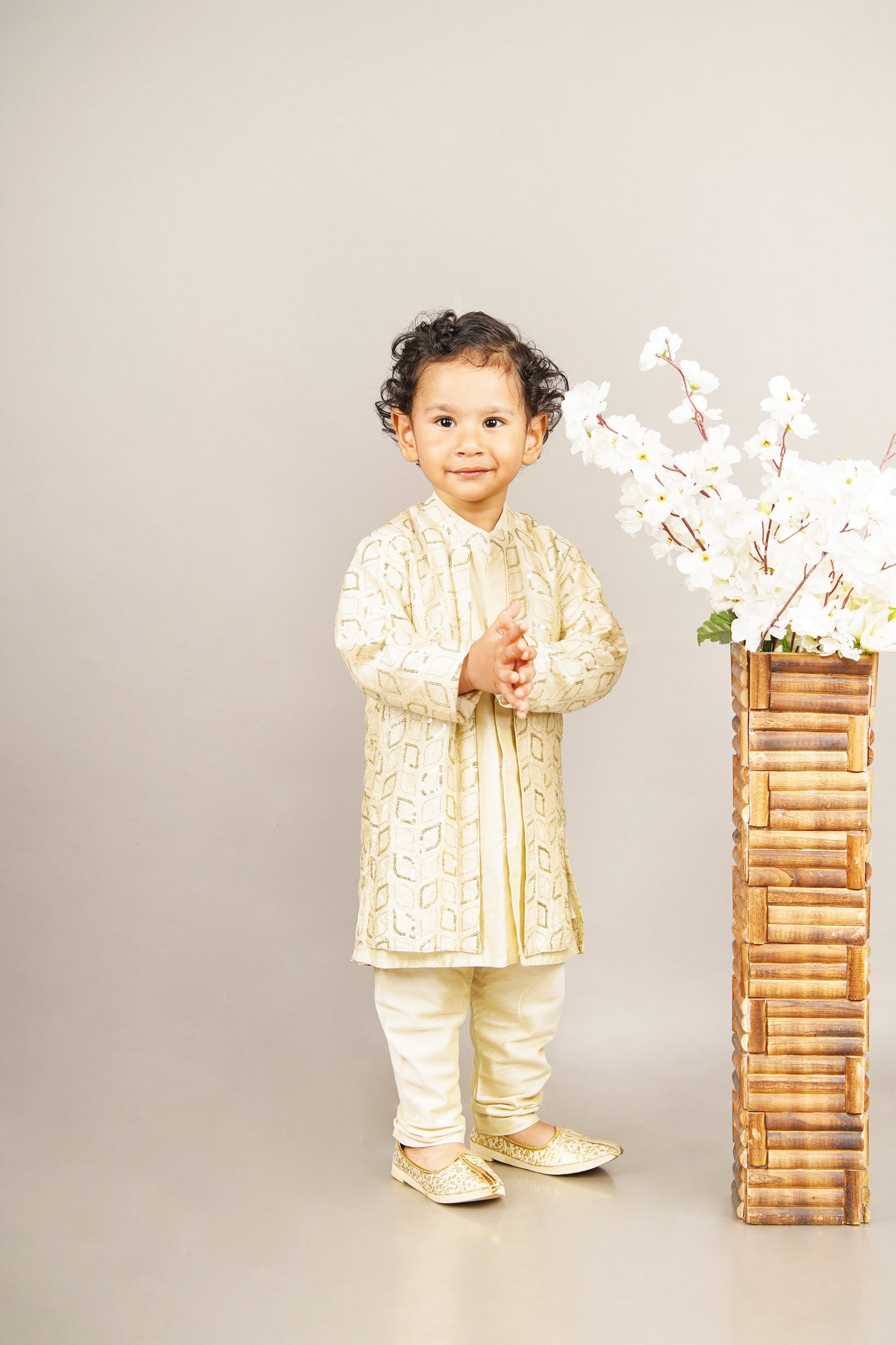 Fawn Embroidered Attached Jacket Kurta Set