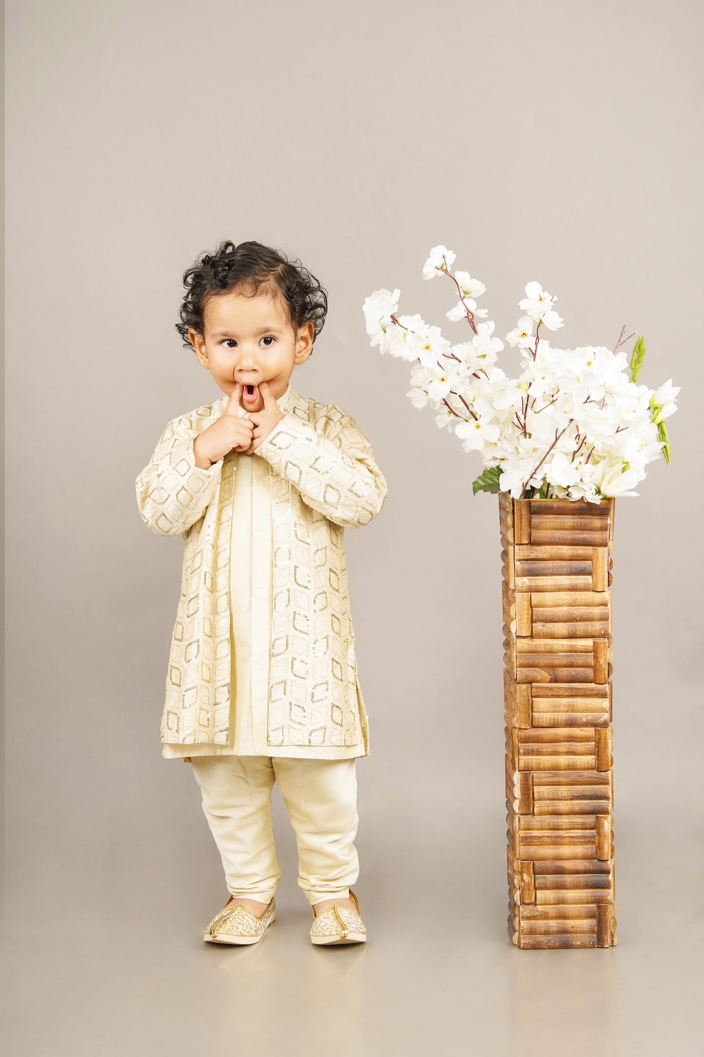 Fawn Embroidered Attached Jacket Kurta Set