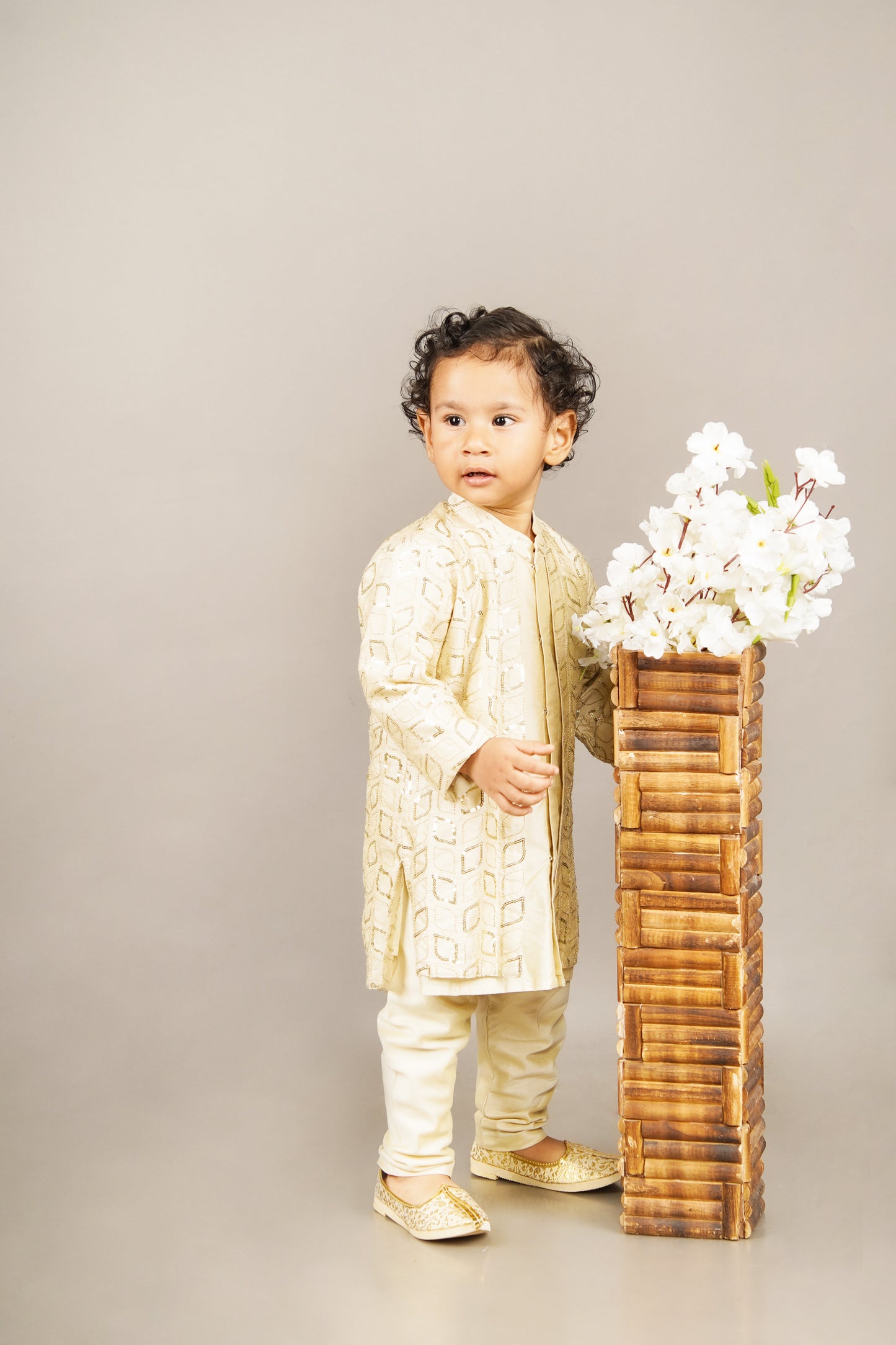 Fawn Embroidered Attached Jacket Kurta Set